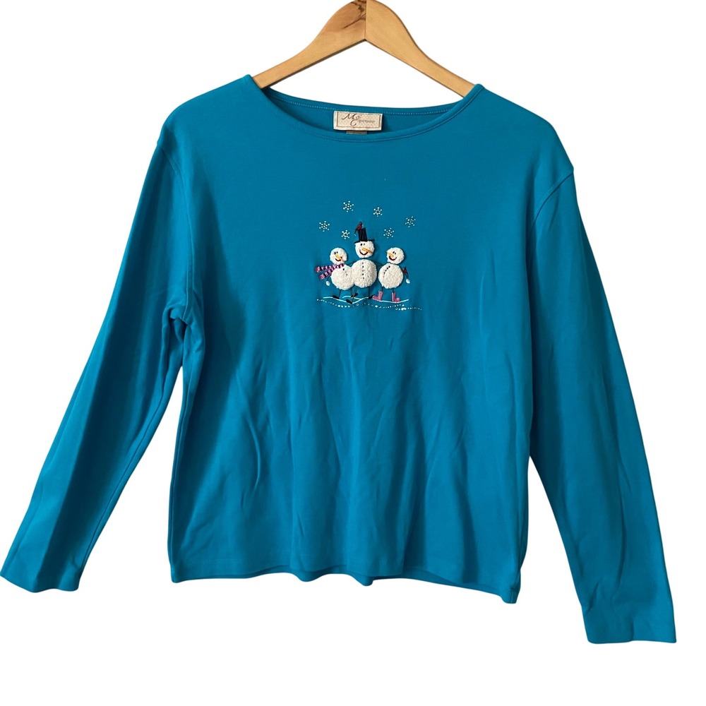 M&C Sportswear Women 1X Teal Snowman Embroidered Rhinestone Long Sleeve Top